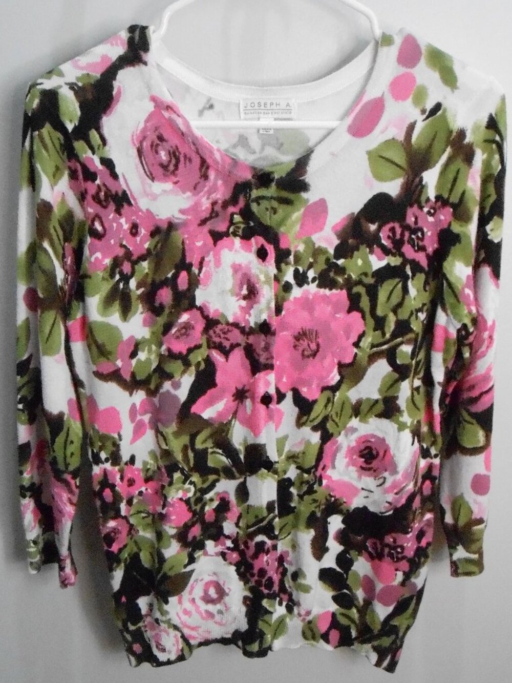 Joseph A Pink Green White Floral 3/4 Sleeve Rayon Blend Cardigan Sweater Size-M
